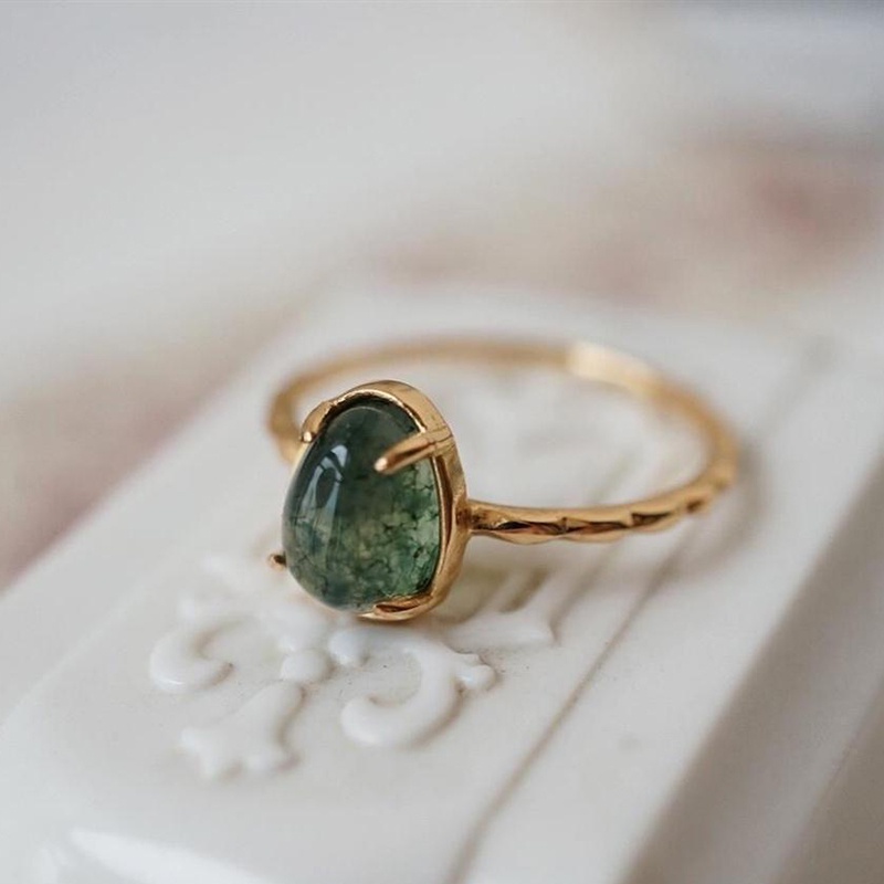 ♥Nhẫn Đeo Tay Bằng Rong Biển Tự Nhiên Đính Đá Chalcedony Hình Giọt Nước Màu Xanh Lá Thời Trang Mù