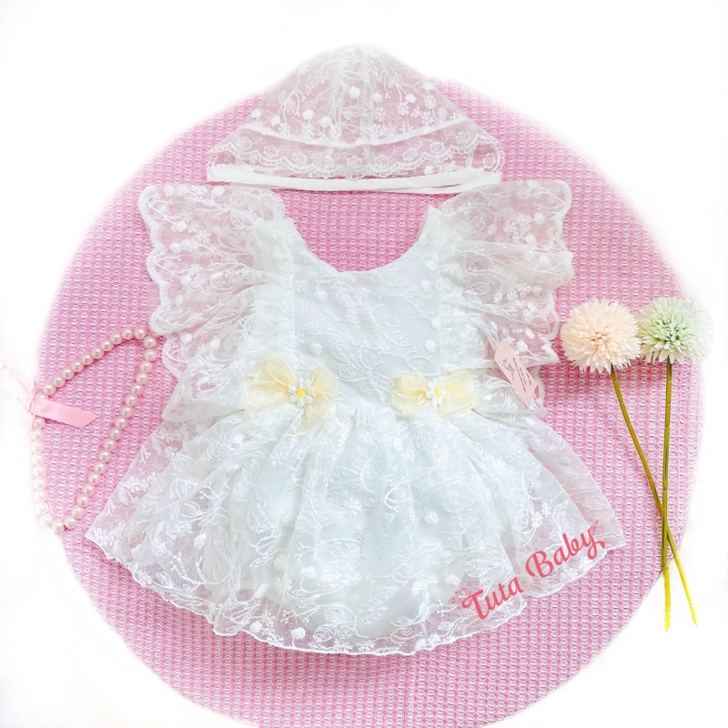 Bodysuit Cho Bé Gái Chất Ren Sam Trắng Mềm, Body Thiết Kế Nơ Eo Siêu Xinh