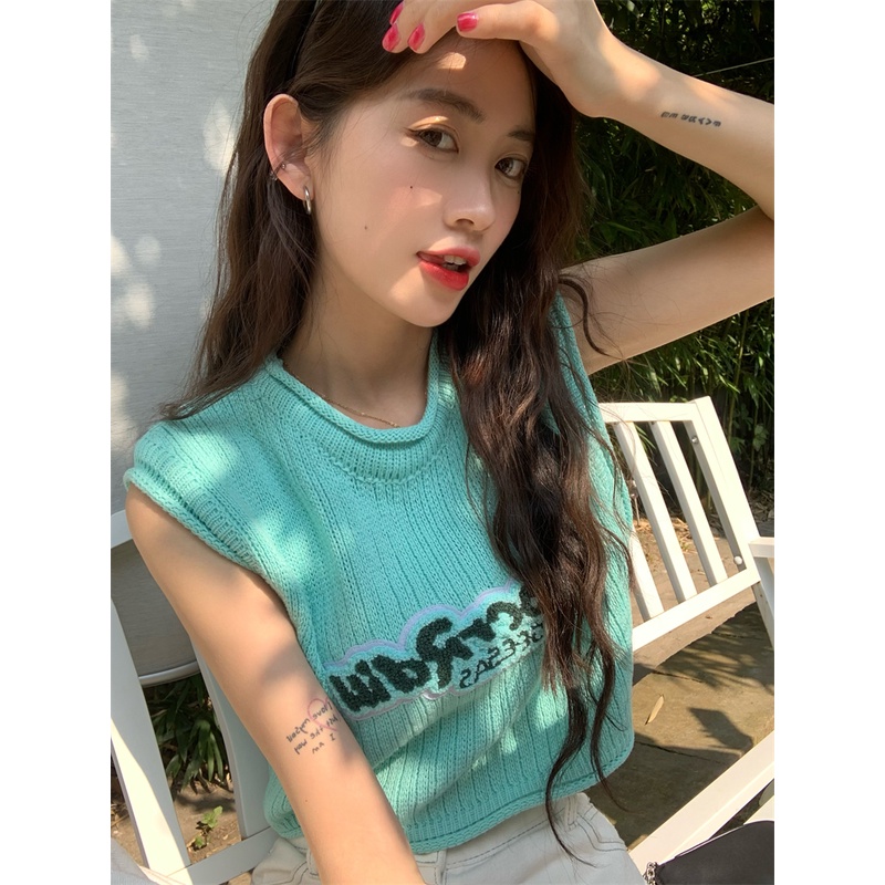 Áo Dệt Kim Sát Nách In Chữ Thời Trang Hàn Quốc Cho Nữ
