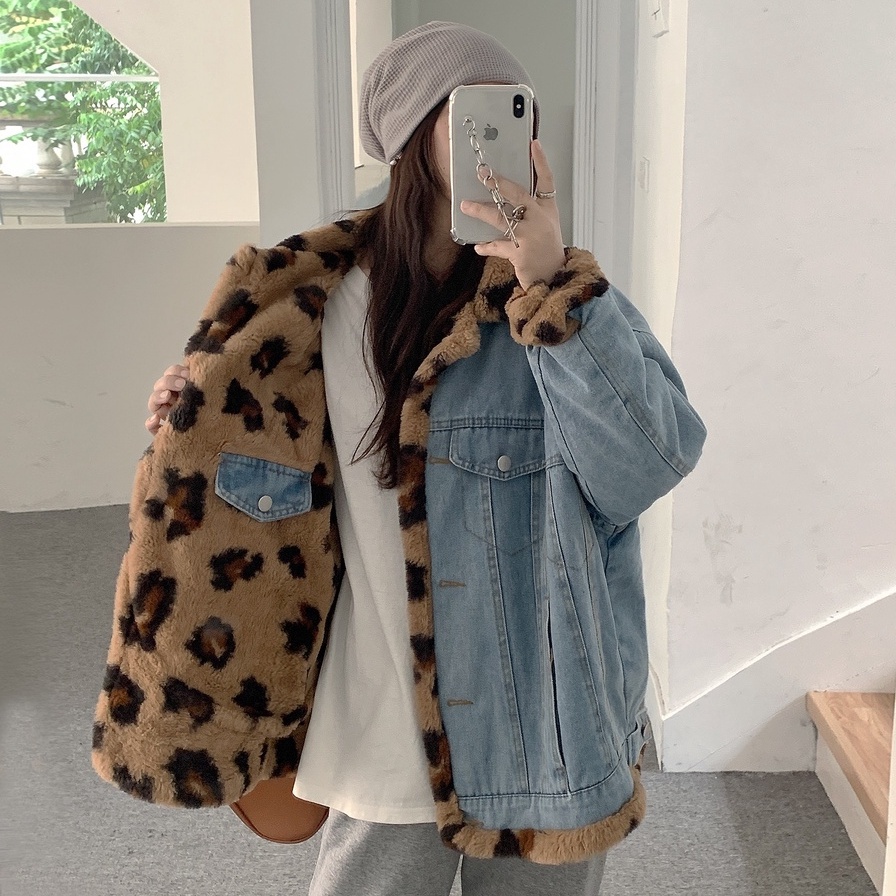 Áo Khoác Denim Phủ Lông Dày Dặn Dáng Rộng In Họa Tiết Da Báo Phong Cách Hàn Quốc Thời Trang Thu Đông Cho Nữ 80975