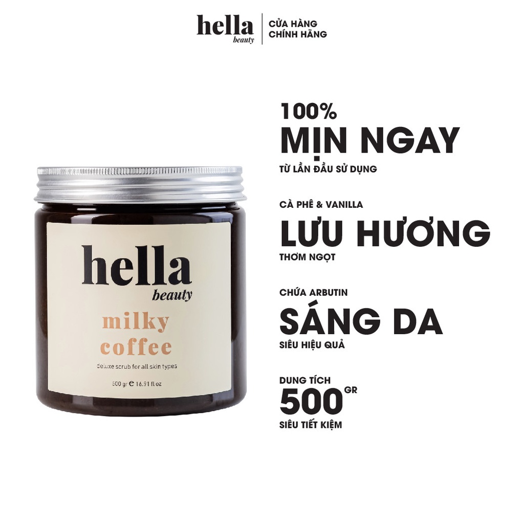 Tẩy Tế Bào Chết Body Cà Phê Hữu Cơ 500g Hella Beauty Giúp Dưỡng Trắng Da Toàn Thân, Giảm Mụn Mờ Thâm
