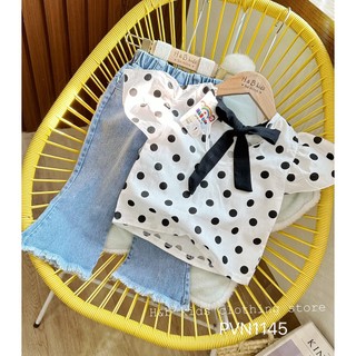 Bộ chấm bi nơ lưng + quần jean bé gái