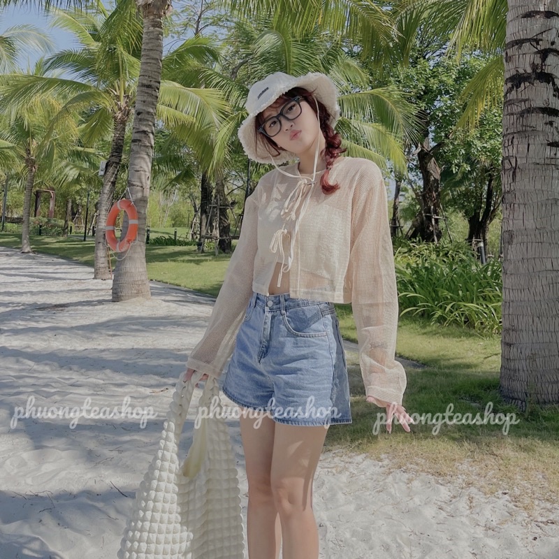 Áo croptop lưới dài tay thắc nơ mix áo 2s đồ đi biển hàng QC siêu xinh Thời Trang B.Y Tea Clothing