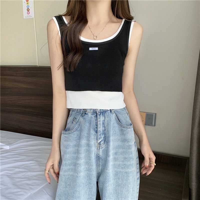 Áo Len Không Tay Giả Hai Lớp Màu Sắc Tương Phản Thời Trang Mùa Hè Phong Cách Hàn Quốc