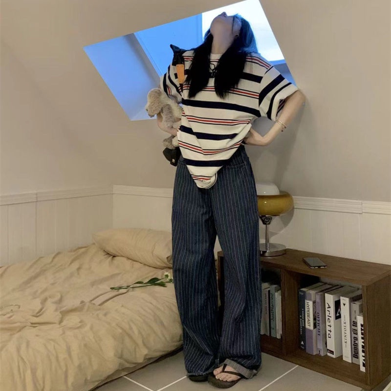 Jiashucheng Áo Thun Nữ Ngắn Tay Cổ Tròn Sọc Ngang Thời Trang Mới