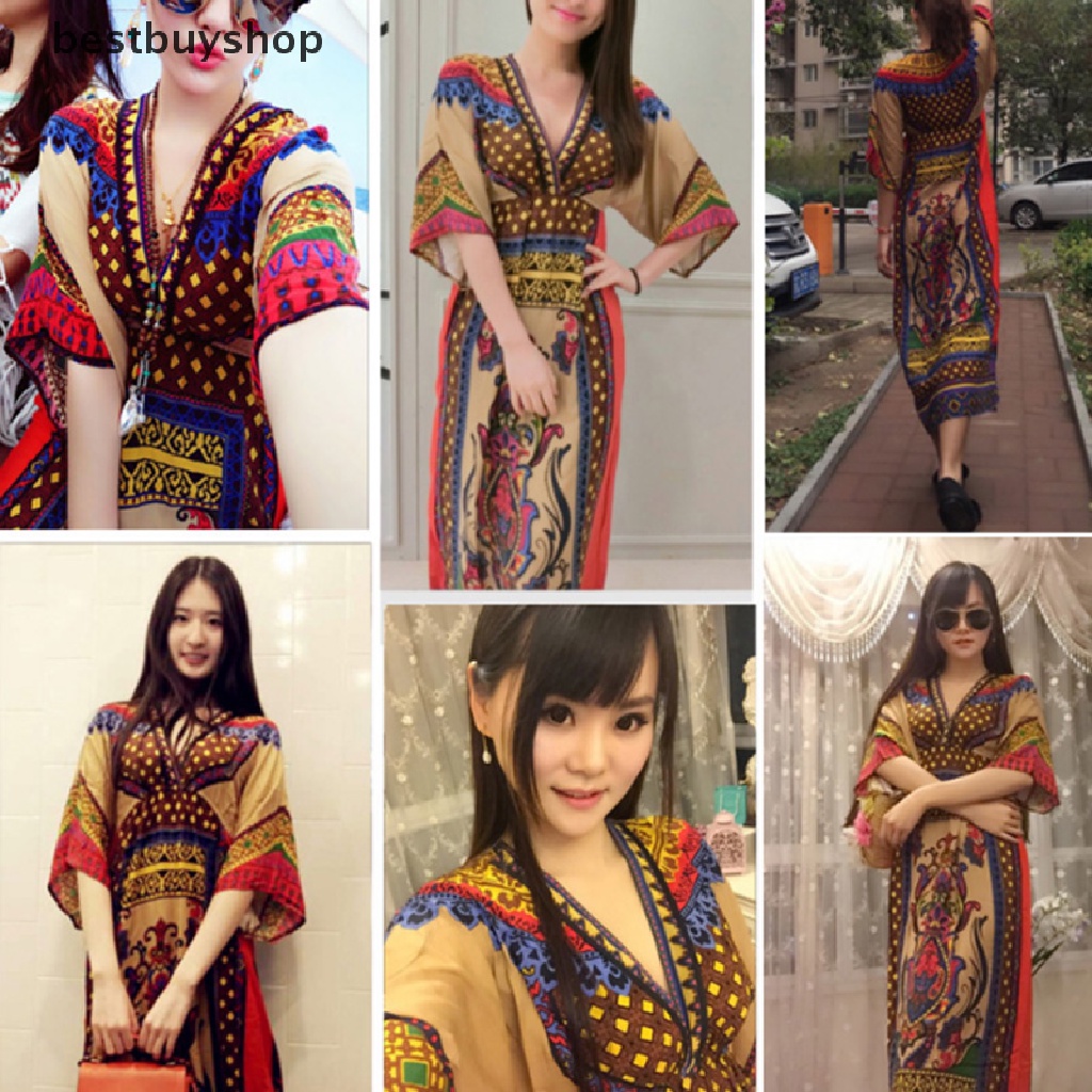 Đầm Maxi Chữ A Tay Lửng Cổ Chữ V Phong Cách Bohemian Dành Cho Nữ YHN