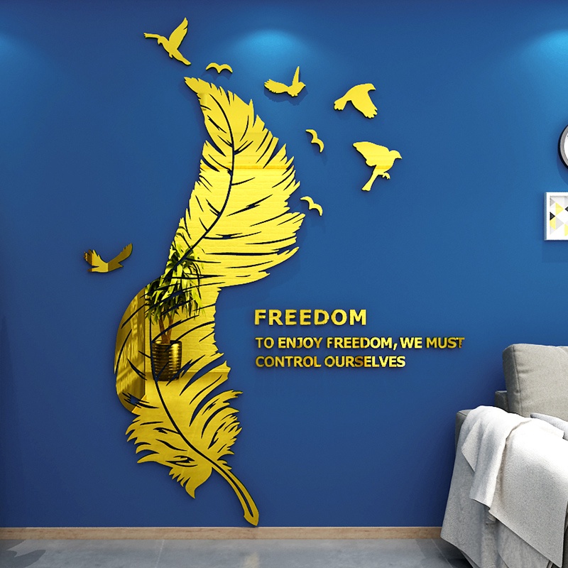 Bắc Âu Sáng Tạo Lông Vũ Decal Dán Tường Gương Acrylic 3D Dán Ghế Sofa Phòng Khách Nền Trang Trí Nổi Mica Tranh