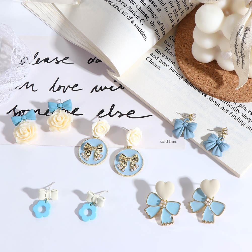 Bông Tai Đính Nơ Họa Tiết Hoa Màu Xanh Dương Phong Cách Hàn Quốc Thời Trang Cho Nữ