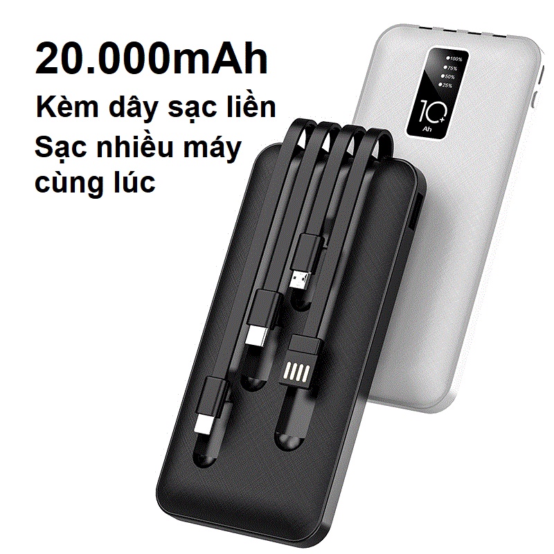 Sạc dự phòng 20.000mah, kèm dây sạc gắn liền, sạc nhiều thiết bị cùng lúc
