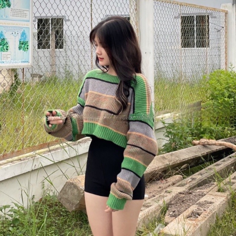 Áo len tay phồng , áo len tay dài sọc ngang, len quảng châu