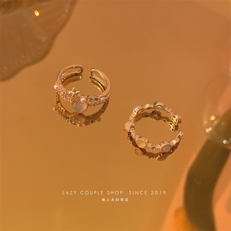 Nhẫn 17KM mặt trái tim dạng mở opal đơn giản ngọt ngào có thể điều chỉnh