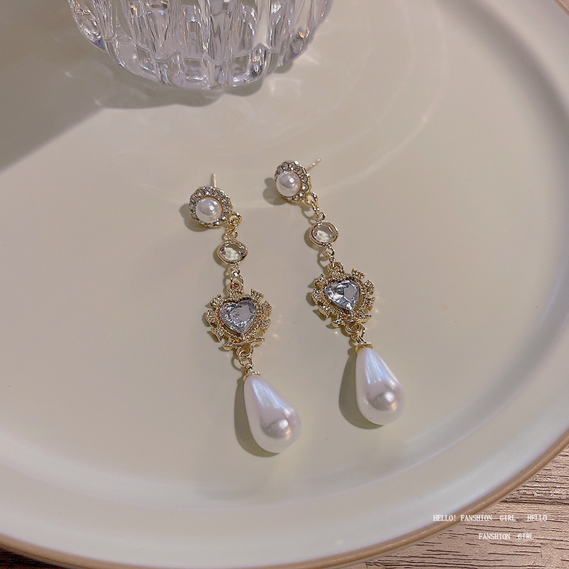 Khuyên Tai Dáng Dài Đính Ngọc Trai Trái Tim Xinh Xắn