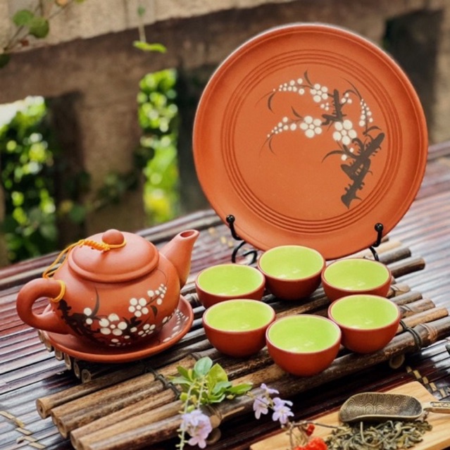BỘ TRÀ TỬ SA HOA ĐÀO CÓ KHAY CỠ VỪA GỐM SỨ BÁT TRÀNG