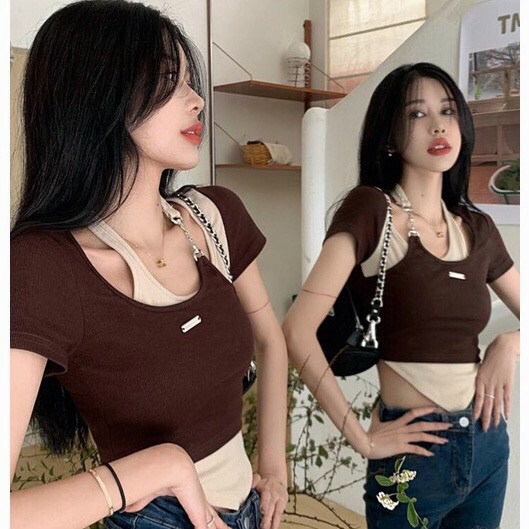 (Video thật) Áo Croptop Vạt Nhọn Phối Màu Tay Ngắn Thêu