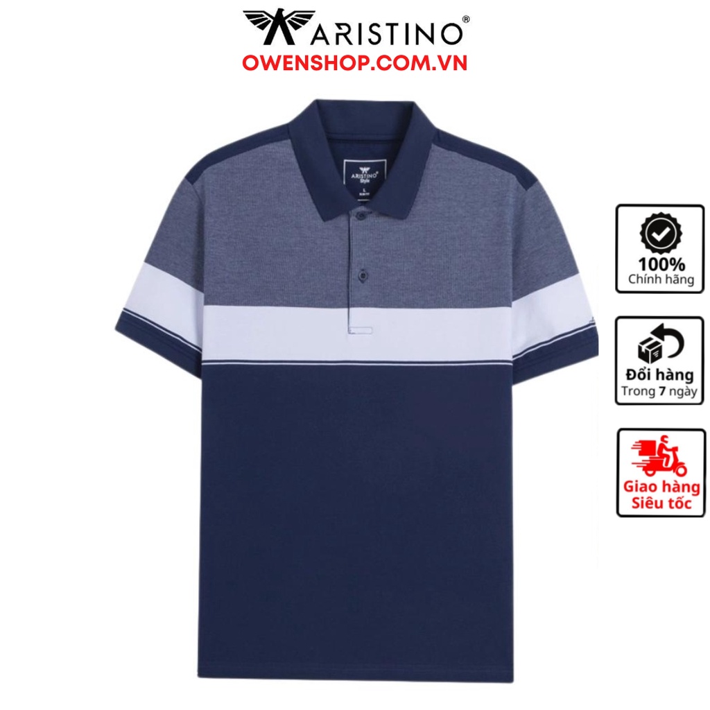 Áo thun polo nam có cổ bẻ ARISTINO APS121S3 phông ngắn dáng slim fit ôm nhẹ màu xanh tím than 45 kẻ jacquard vải polyest