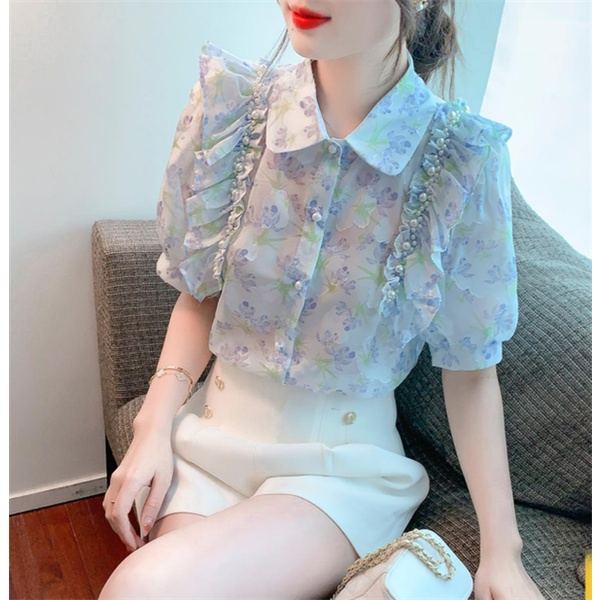 Áo Sơ Mi Chiffon Ngắn Tay Dáng Rộng Họa Tiết Hoa Phong Cách Vintage Cho Nữ