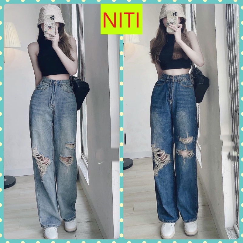 QUẦN JEANS ỐNG RỘNG NỮ LƯNG CAO RÁCH 2 MẢNG ĐÙI PHẢI PHỐI MẢNG TO GỐI TRÁI XANH NHẠT ĐẬM SIÊU ĐẸP