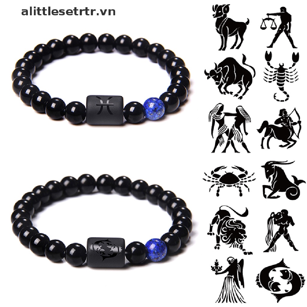 Vòng Tay Chuỗi Hạt Đá Onyx Co Giãn Màu Đen Phối Mặt Hình 12 Cung Hoàng Đạo Thời Trang Cho Cặp Đôi