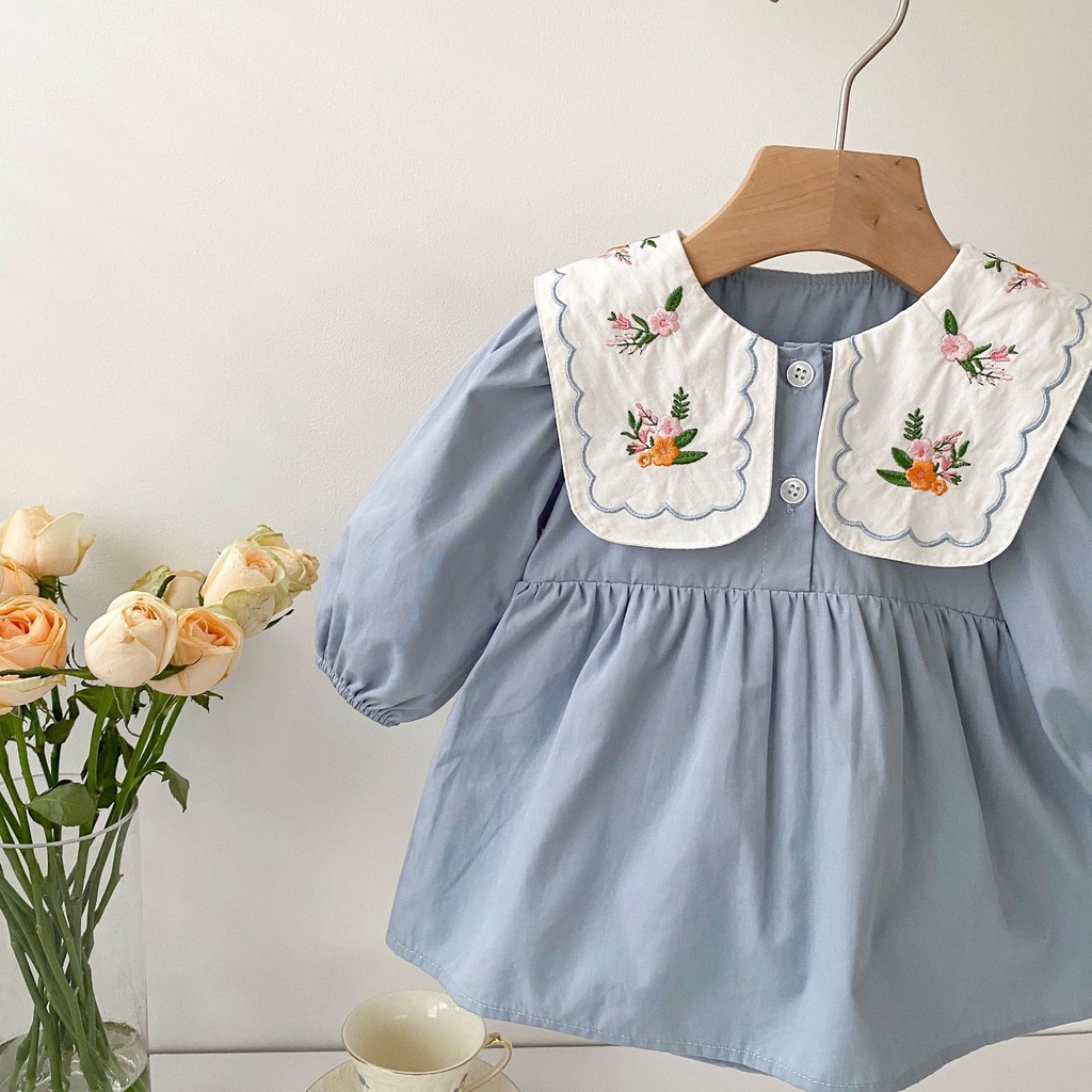 Đầm cotton Trơn Thêu Họa Tiết Phong Cách Hàn Quốc Xinh Xắn Dành Cho Bé Gái