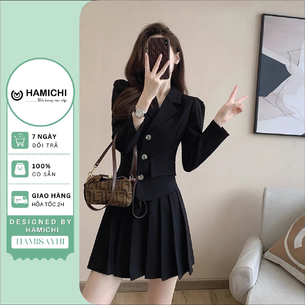 Set áo blazer tay cúc ngọc kèm chân váy ngắn,Set Bộ Nữ Sang Chảnh,Set Váy Công Sở thiết kế Hamichi Fashion