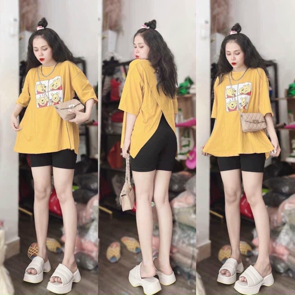 [3.3 Sales Freeship] Set áo thun from rộng in gấu xẻ lưng phối quần lửng, set bộ ngố in hình nhiều màu dễ thương mtb