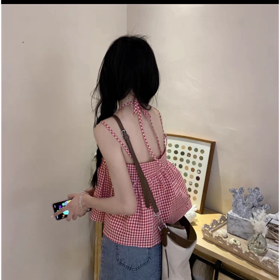 Áo hai dây babydoll dây có chốt điều chỉnh buộc dây hoạ tiết kẻ caro màu đỏ phong cách Hàn Quốc
