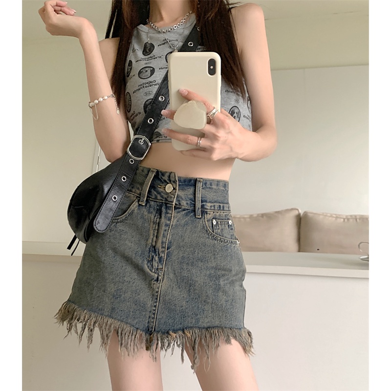 chân váy jean đầm denim lưng cao phối tua rua phong cách retro thời trang cho nữ