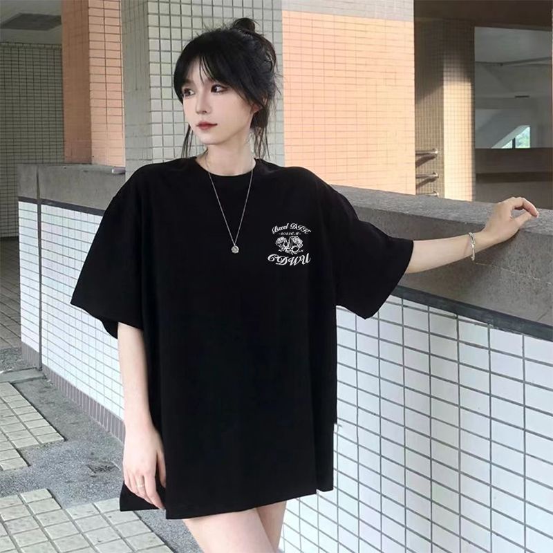 Áo thun COZOKC tay ngắn dáng rộng in hình hoa hồng thời trang