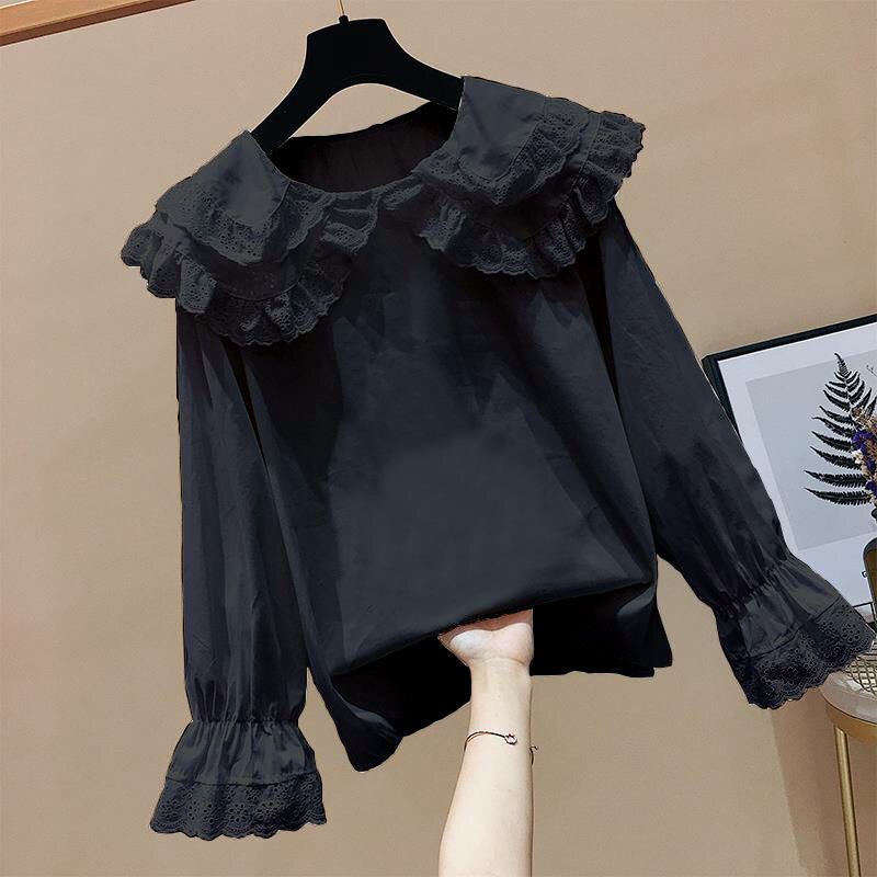 Áo Sơ Mi Trắng Tay Dài Cổ Búp Bê Phối Ren Thời Trang Mùa Hè Hàng Mới 2022 Dành Cho Bạn Gái