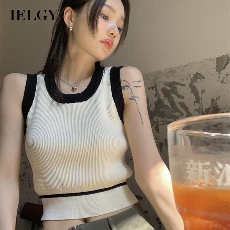 IELGY   Áo Dệt Kim Sát Nách Dáng Ôm Màu Sắc Tương Phản Thời Trang Cho Nữ