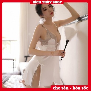 Váy ngủ lụa ren ngực sexy đầm ngủ hai dây xẻ tà hàng nhập cao cấp màu trắng BT104