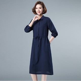Đầm linen dài tay, cổ sơ mi công sở,  dây rút eo tùy chỉnh, đầm có 2 tuí chéo D175