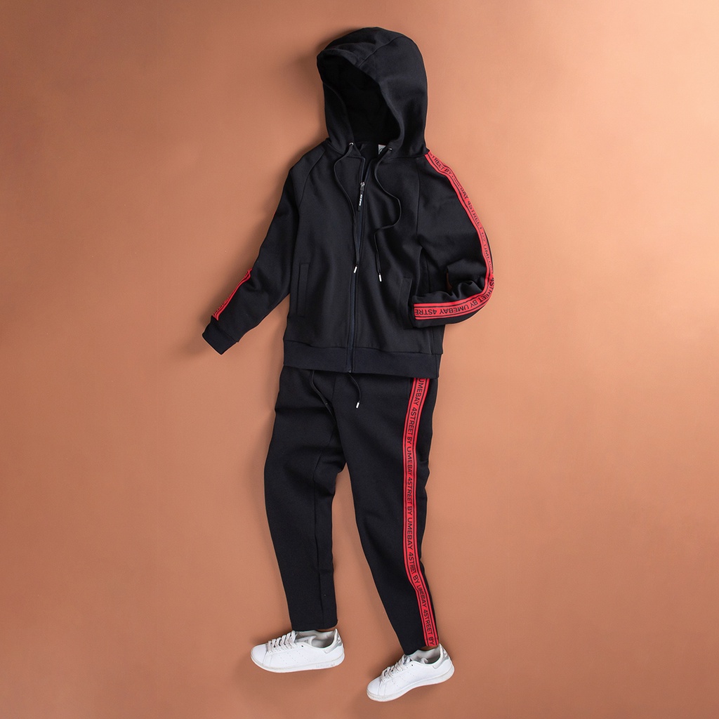 Áo hoodie thể thao nam mũ 2 lớp Umebay, vải đen phối sọc đỏ, cotton co giãn USS62A