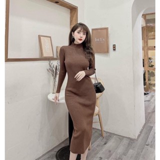 Đầm len body dáng dài, váy len tăm mặc ôm tôn dáng cổ 3p basic thời trang hàn quốc