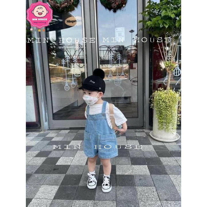 (7-14kg) Set áo cotton tàu phối yếm jean cho bé trai diện hè, đi học, đi chơi