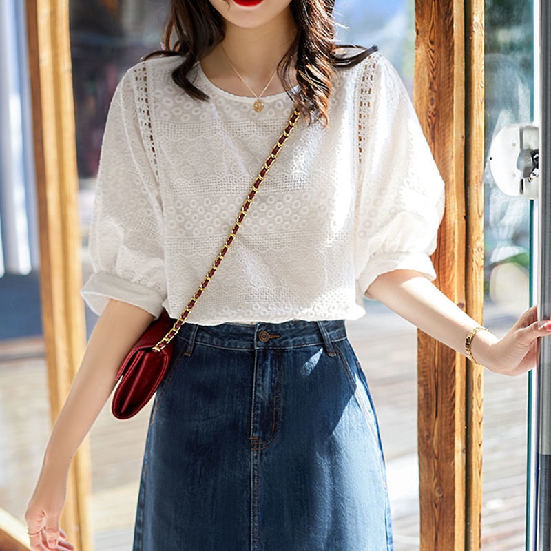 Áo Sơ Mi cotton Ngắn Tay Phối Ren Thêu Họa Tiết Thời Trang Mùa Hè 2023 Cho Nữ
