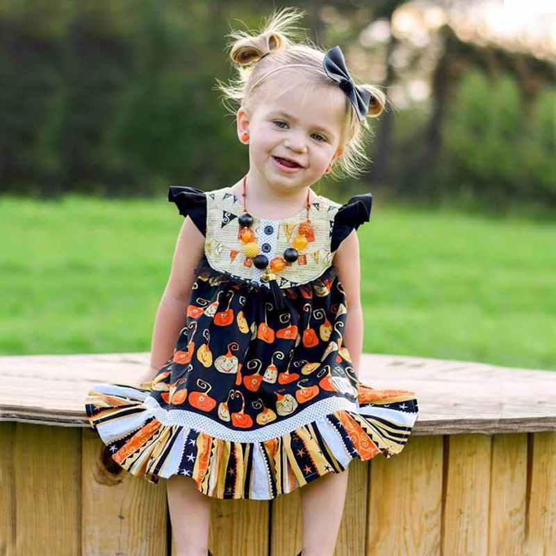 Đầm Công Chúa Không Tay In Họa Tiết Bí Ngô Phong Cách Âu Mỹ Cho Bé Gái Trang phục Halloween Trang phục lễ hội