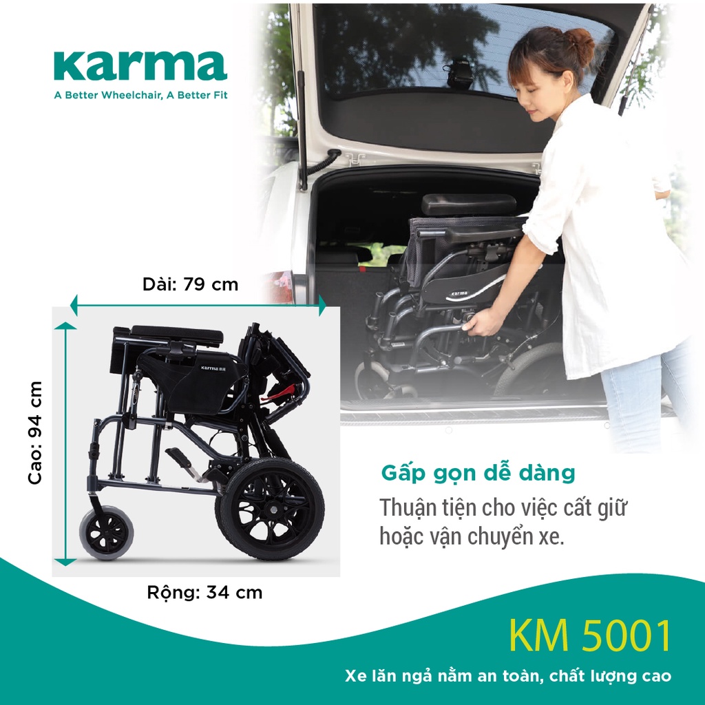 [Chính hãng KARMA] Xe Lăn Ngả Nằm Cao Cấp KM5001 Dành Cho Người Cao Tuổi