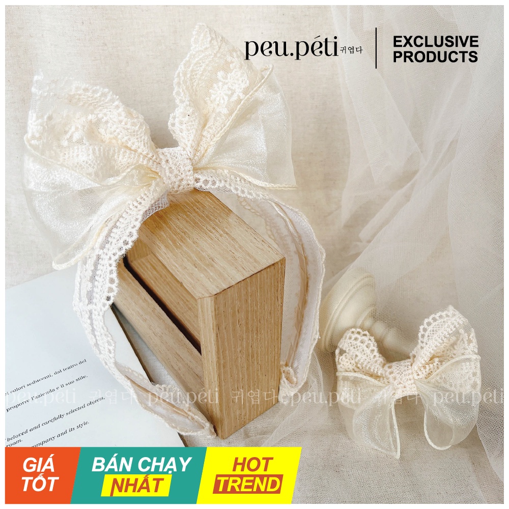 Bờm/Turban, Kẹp tóc nơ dựng ren phối voan style Hàn by Peu.peti (ẢNH THẬT 100%)