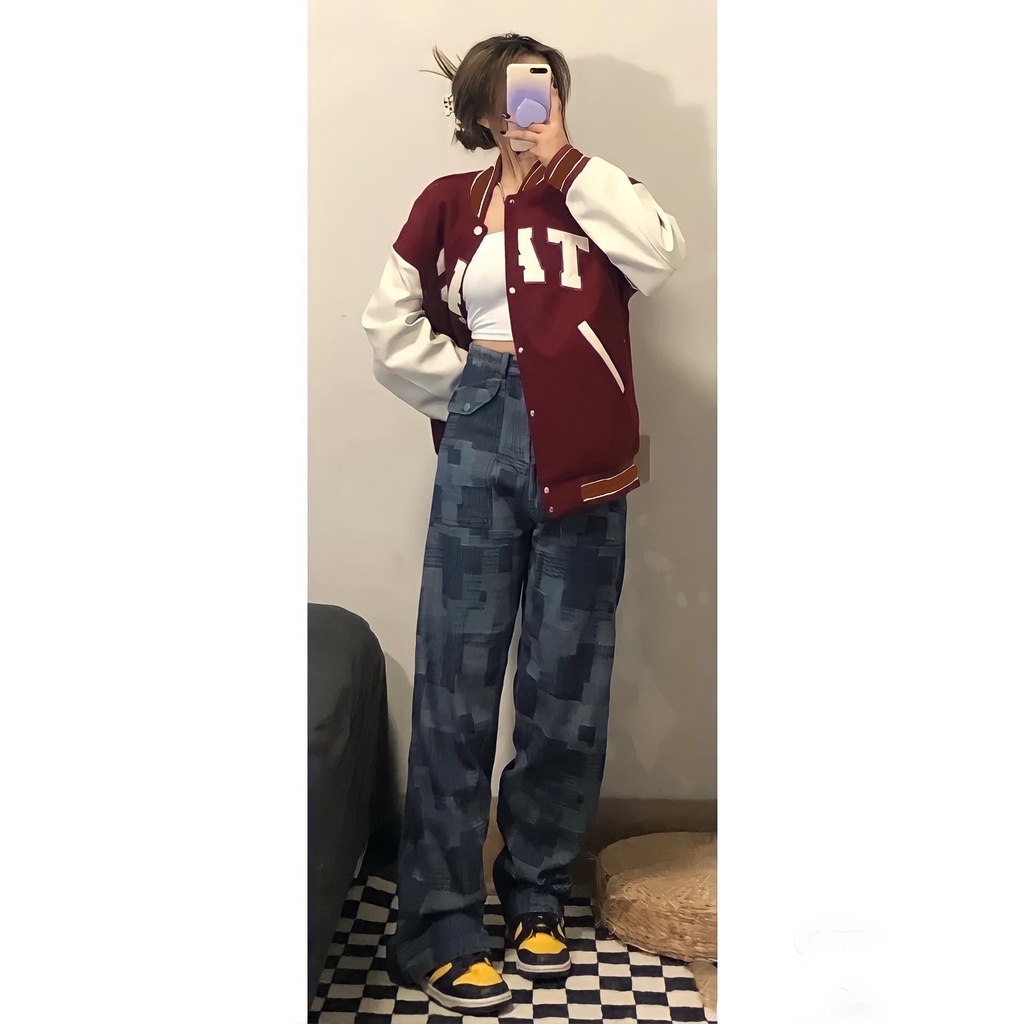Áo Bomber Nỉ Nữ Thêu Chữ TAO Tay Bo dưới 65kg - Áo Khoác Dáng Rộng Màu Đỏ-G0206