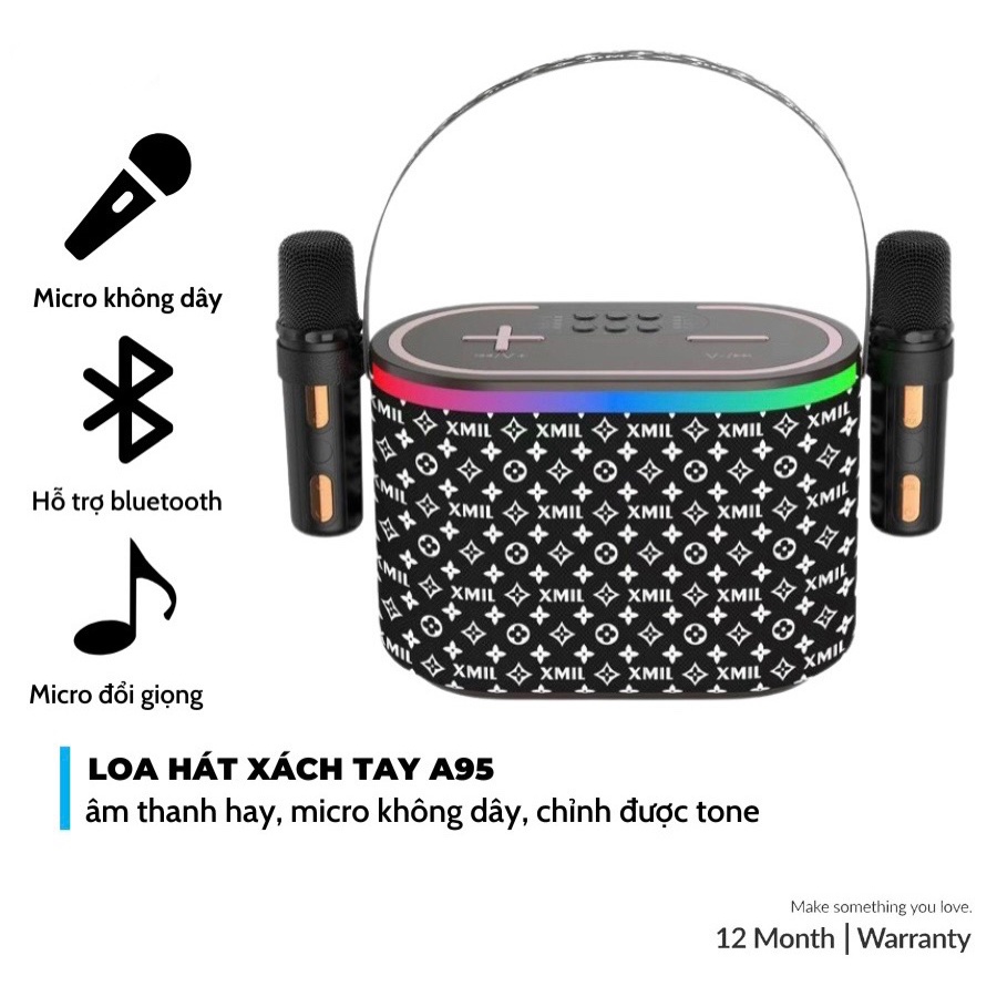 Loa Karaoke Bluetooth A95 Kèm 2 Micro Không Dây, Âm Thanh Siêu Hay, Thiết Kế Sang Trọng Nhỏ Gọn Tiện Lợi