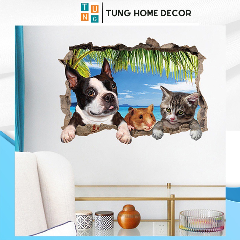 Decal dán tường hàn quốc trang trí phòng ngủ TUNG DECOR SK7150 Khung 3d Thú Cưng