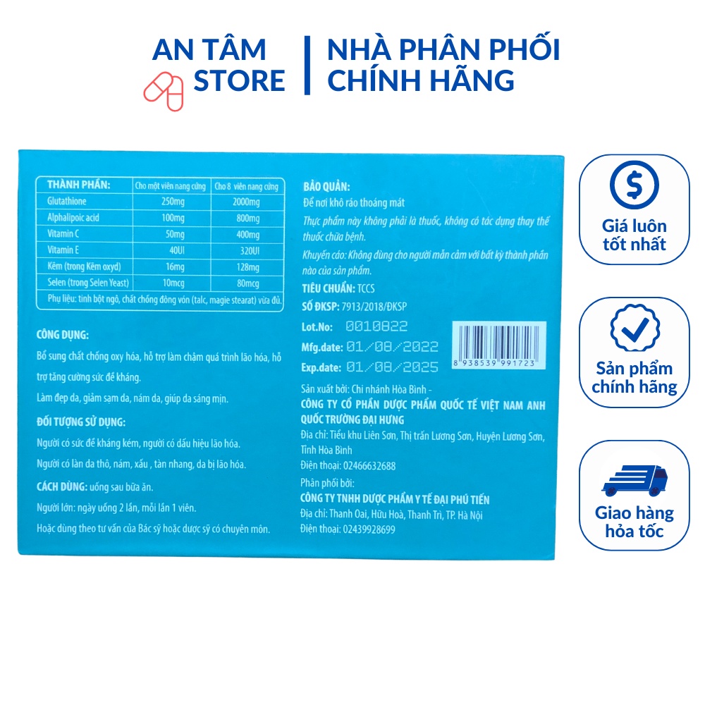 Viên Uống Trắng Da Giảm Nám Mờ Nhăn Collagen Glutathione 2000 Hộp 30 Viên