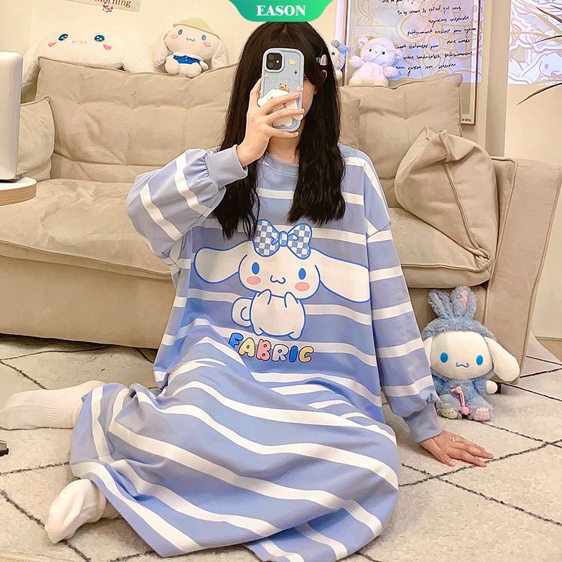 Đầm Ngủ Tay Dài Dáng Rộng In Họa Tiết Hoạt Hình Sọc Sanrio Thời Trang Xuân Thu Xinh Xắn Cho Nữ