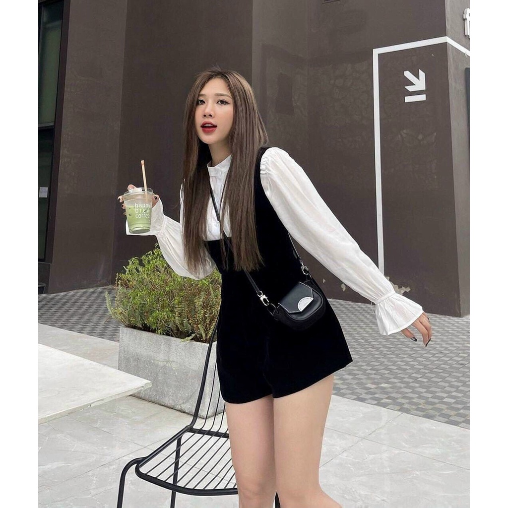 Đầm tiểu thư đi chơi, đầm yếm lót áo form rộng cổ tròn tay dài chất đầm nhung cứng xinh xắn