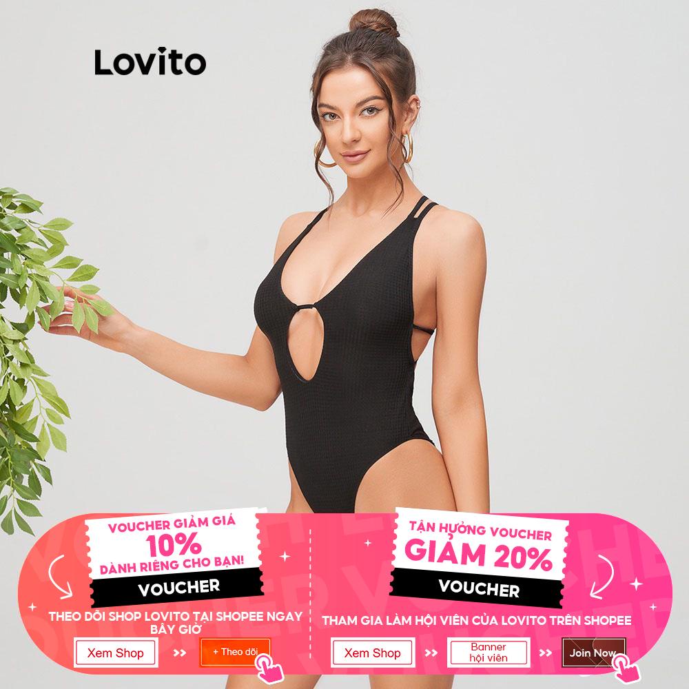 Đồ một mảnh Lovito dây chéo khoét rỗng sexy màu trơn L11113 (Màu đen)