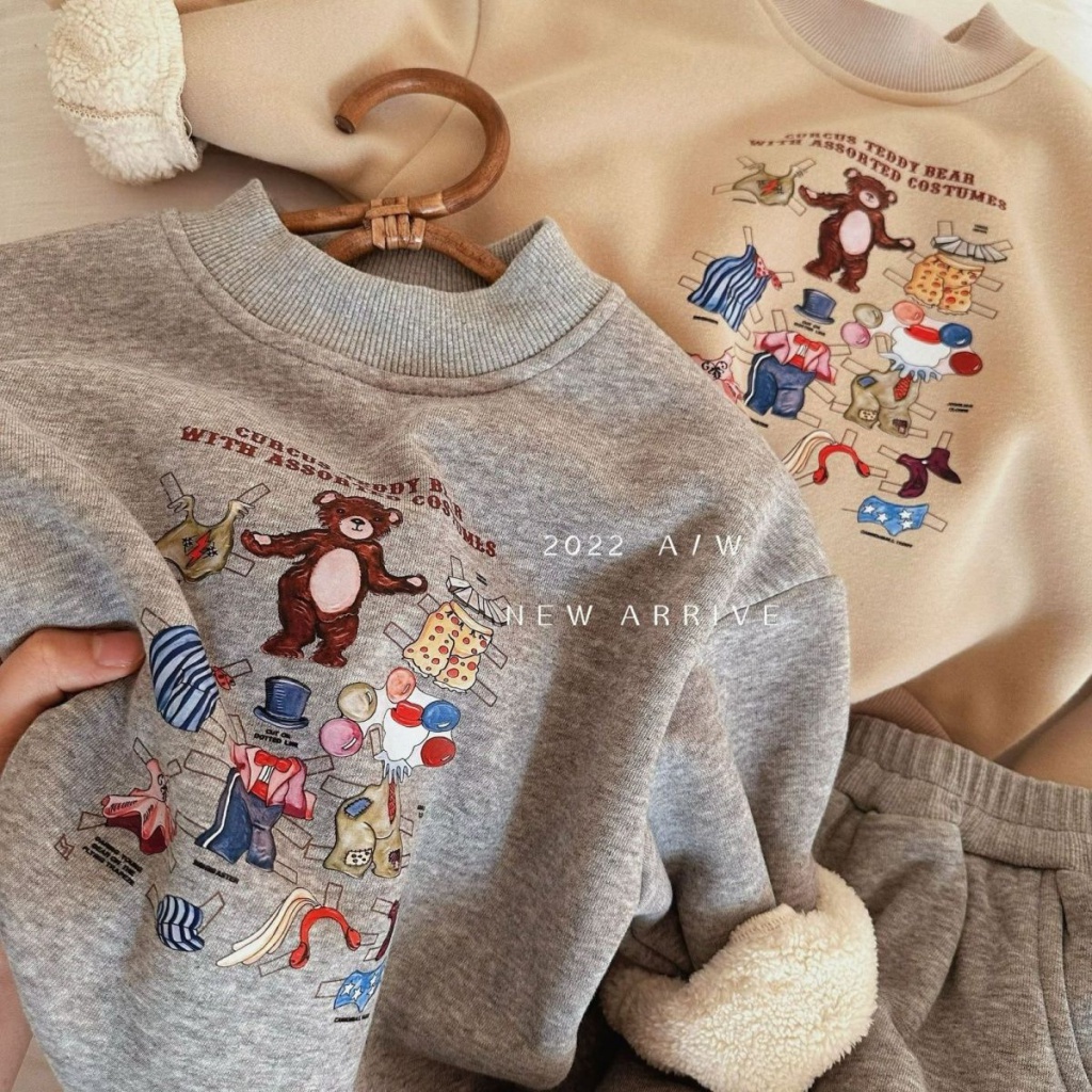 Set Đồ Thời Trang Mùa Đông 2022 Gồm Áo Sweater Có Đệm Nhung Dày Dặn In Họa Tiết Gấu Hoạt Hình Cho Bé