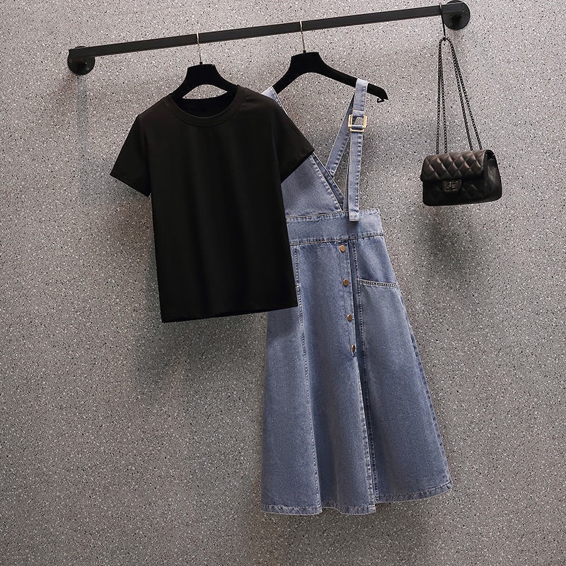 Set Áo Thun Tay Ngắn Màu Trơn Phối Váy Yếm Denim Thời Trang Hè 2022 Plus Size Cho Nữ