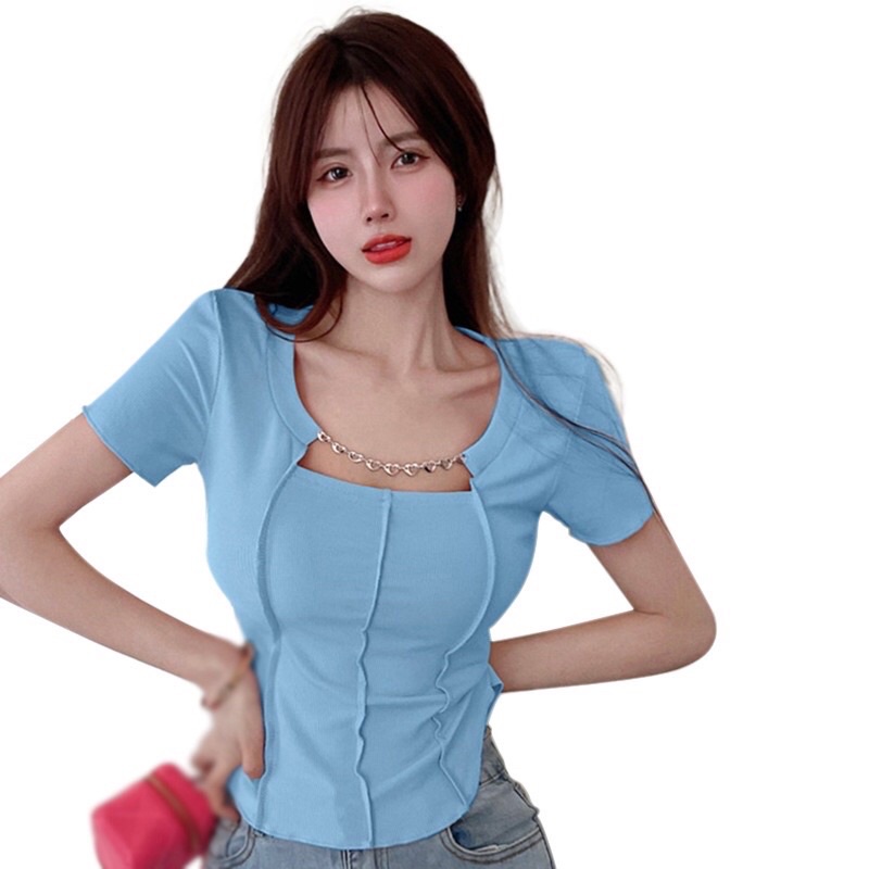 Áo Thun Tay Ngắn Cổ Vuông Màu Sắc Đơn Giản Dành Cho Nữ