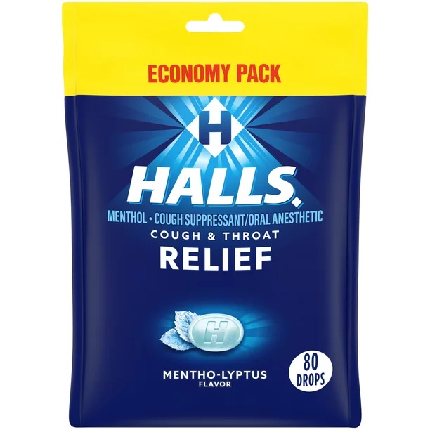 Kẹo ngậm không đường giảm ho,vị bạc hà HALLS Relief Mentho-Lyptus Cough Drops